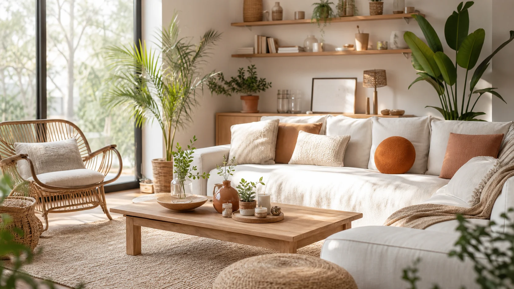 Ambiance de décoration intérieure chaleureuse avec plantes et matières naturelles